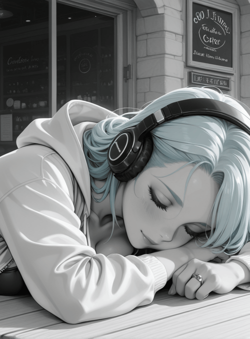 girl, headphones, coffee shop, table, skirt, hoodie, hair