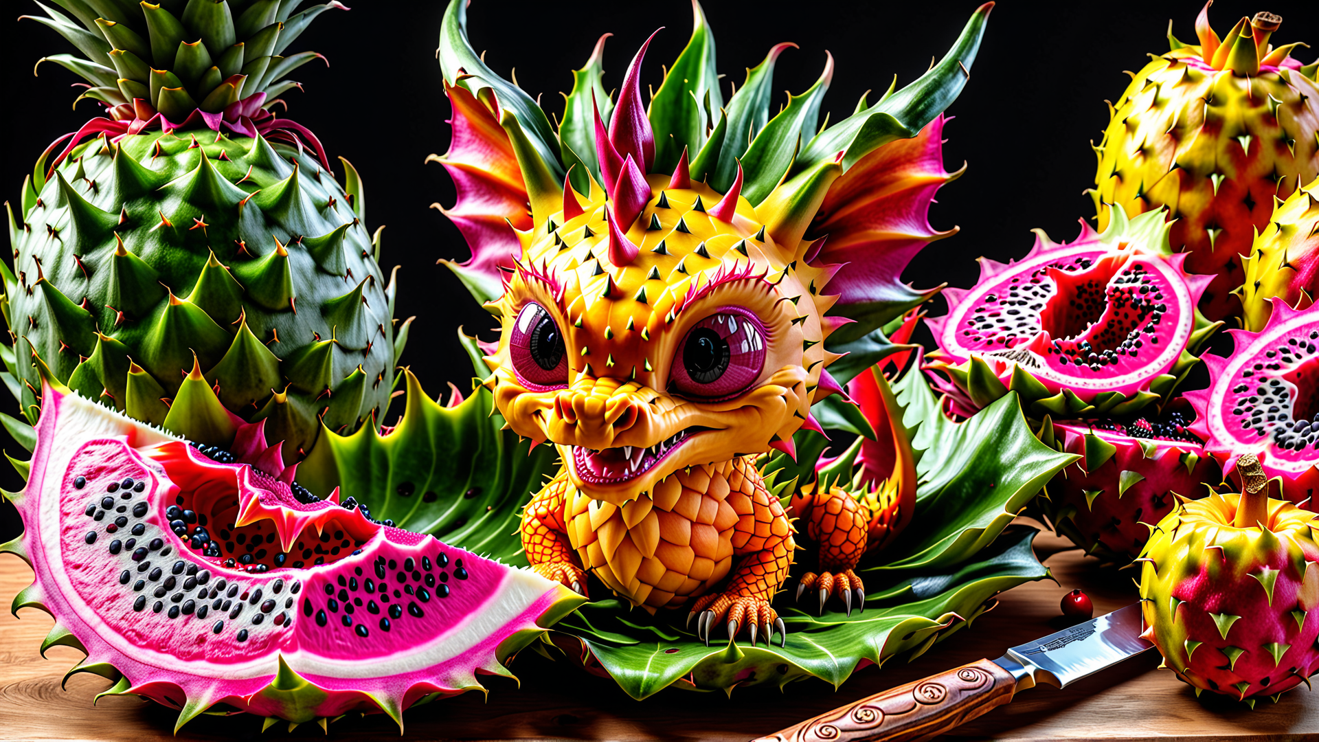 AI generated wallpaper featuring dragon, dragonfruit, pineapple