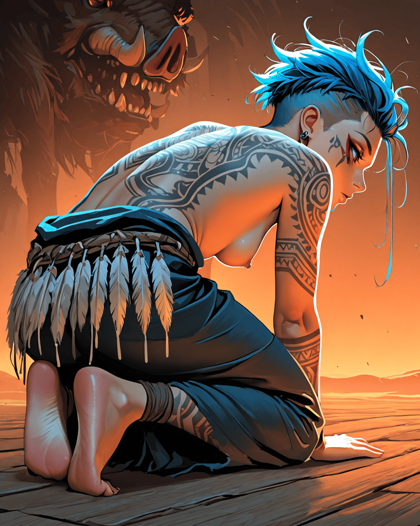 AI generated wallpaper featuring man, tattoo, feather, monster, sunset, blue hair
