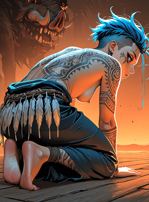 man, tattoo, feather, monster, sunset, blue hair