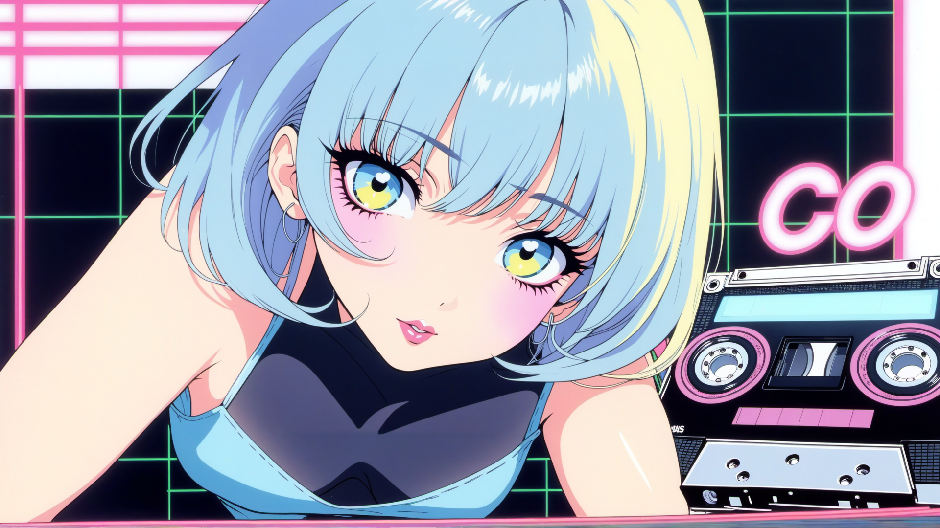 AI generated wallpaper featuring anime girl, cassette tape