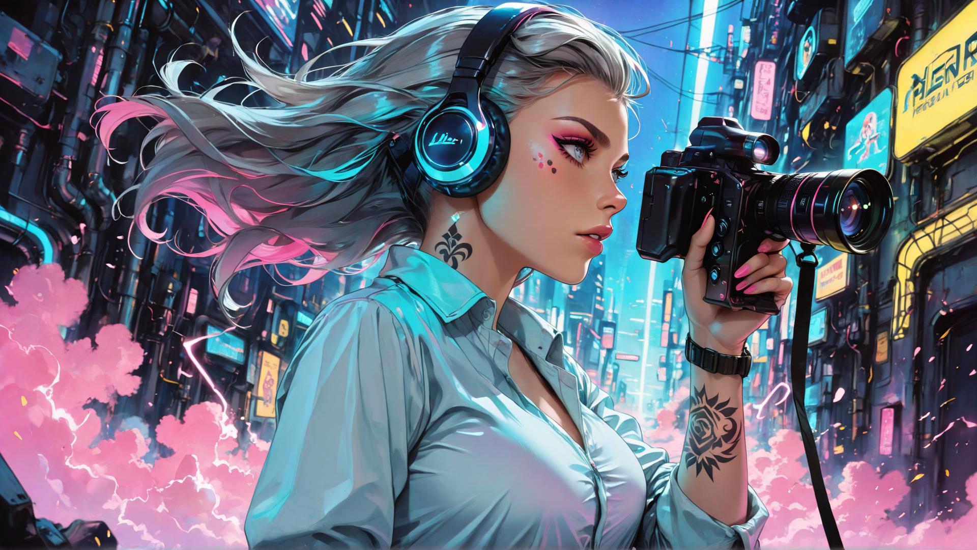 AI generated wallpaper featuring woman, camera, headphones, tattoo, hair, cityscape, neon, cherry blossoms, watch, building