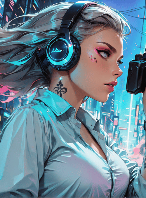 woman, camera, headphones, tattoo, hair, cityscape, neon, cherry blossoms, watch, building