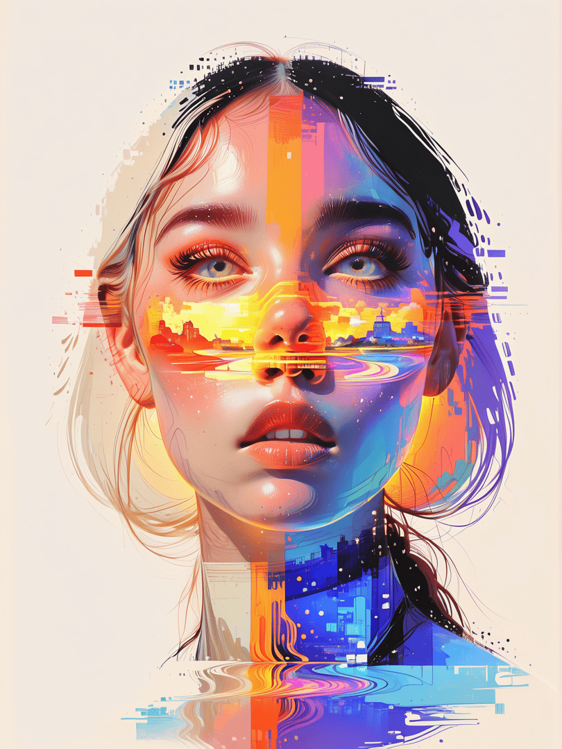 AI generated wallpaper featuring face, cityscape, reflection, hair, digital, art, woman, urban, glitch, portrait
