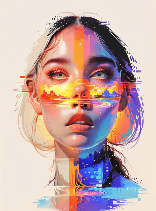 face, cityscape, reflection, hair, digital, art, woman, urban, glitch, portrait