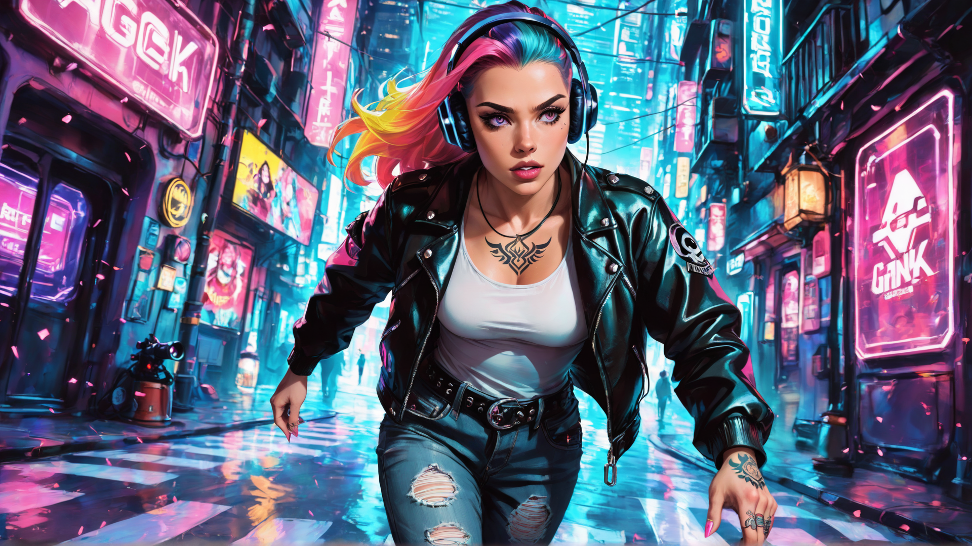 AI generated wallpaper featuring woman, cyberpunk, street, headphones, tattoo, jacket, neon, city, signs, jeans