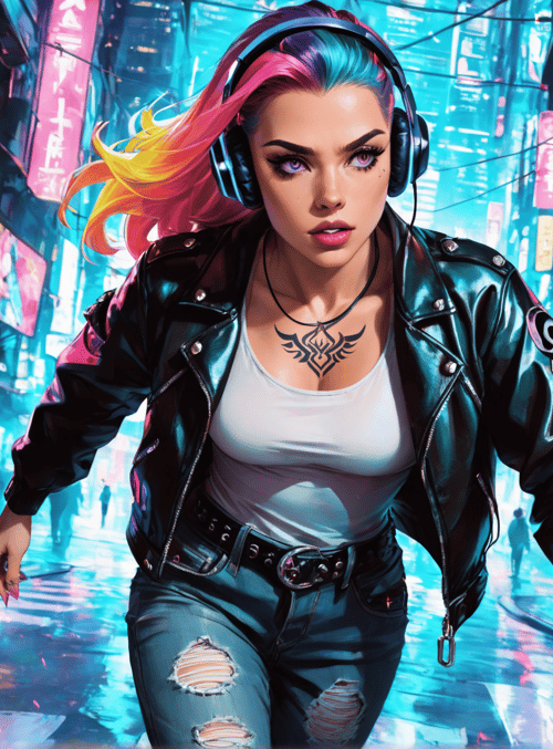 woman, cyberpunk, street, headphones, tattoo, jacket, neon, city, signs, jeans