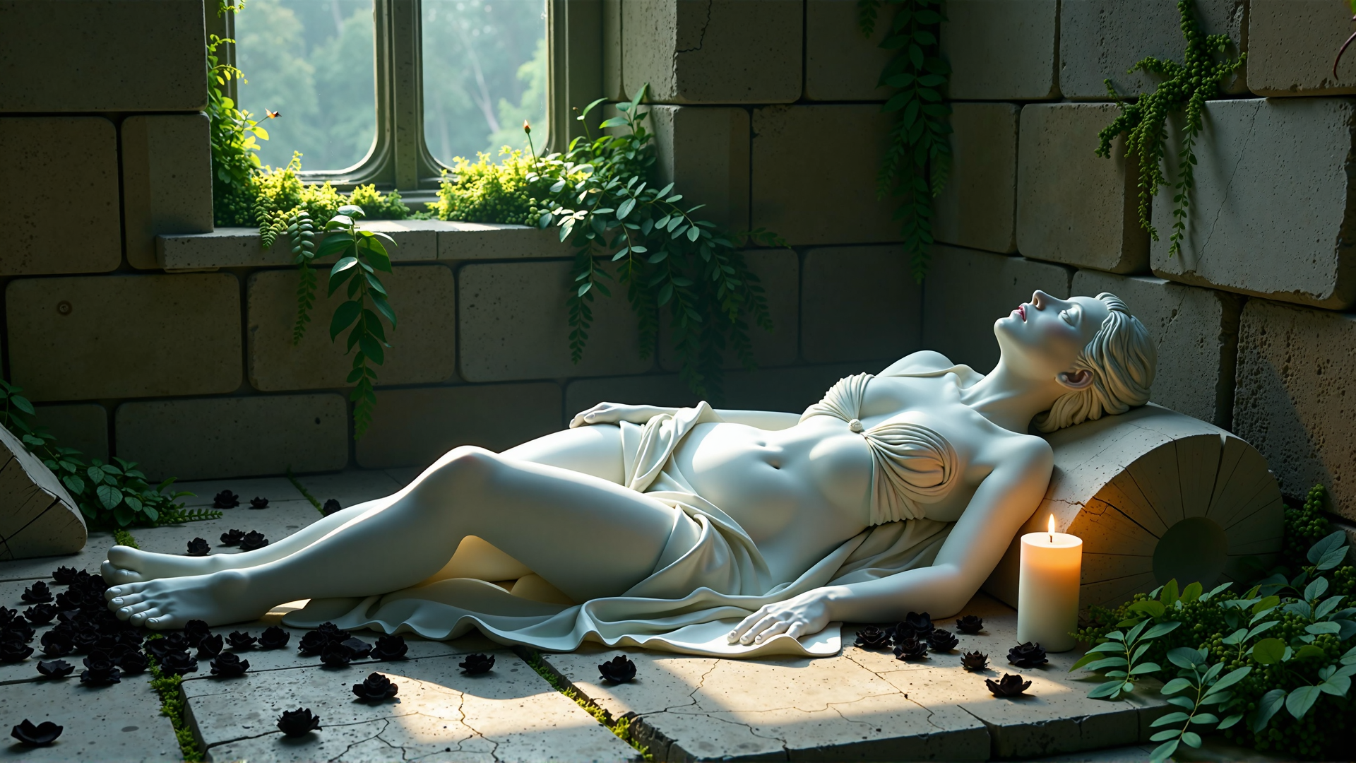 AI generated wallpaper featuring statue, candle, roses, window, plants, stone, woman, sundress, butterfly, brick
