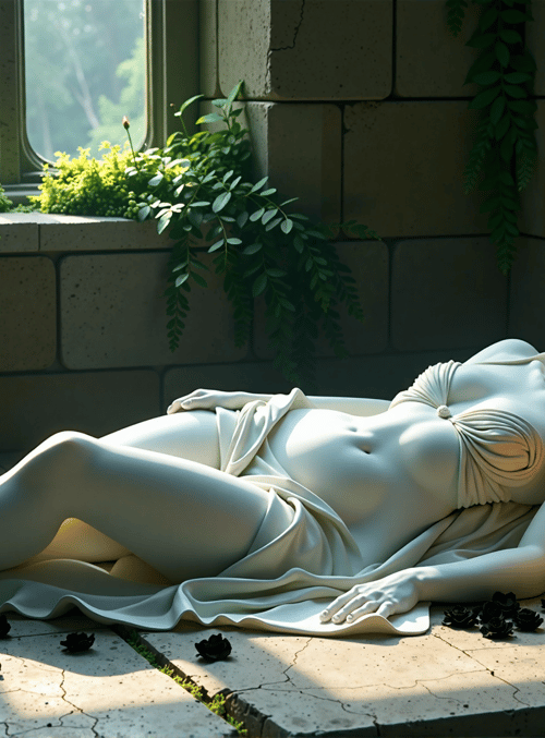 statue, candle, roses, window, plants, stone, woman, sundress, butterfly, brick