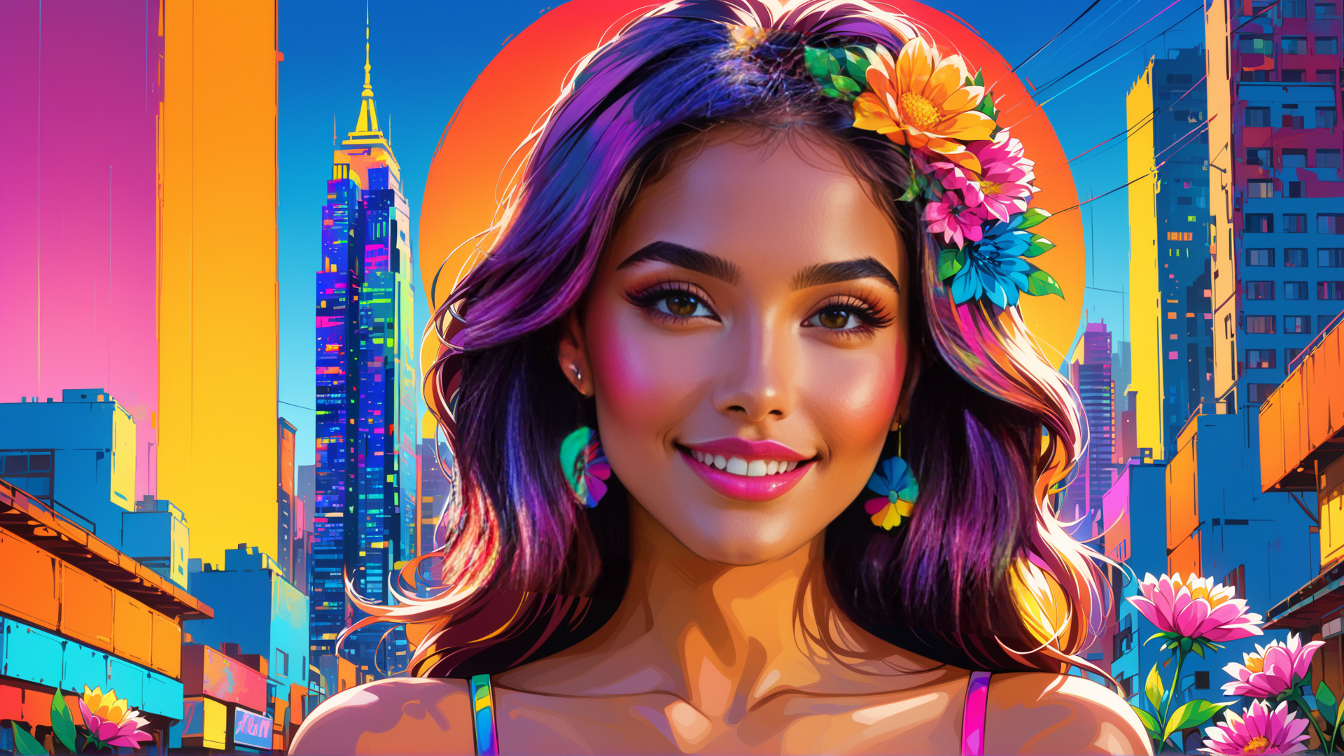 AI generated wallpaper featuring woman, cityscape, flowers