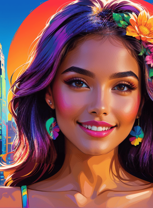 woman, cityscape, flowers