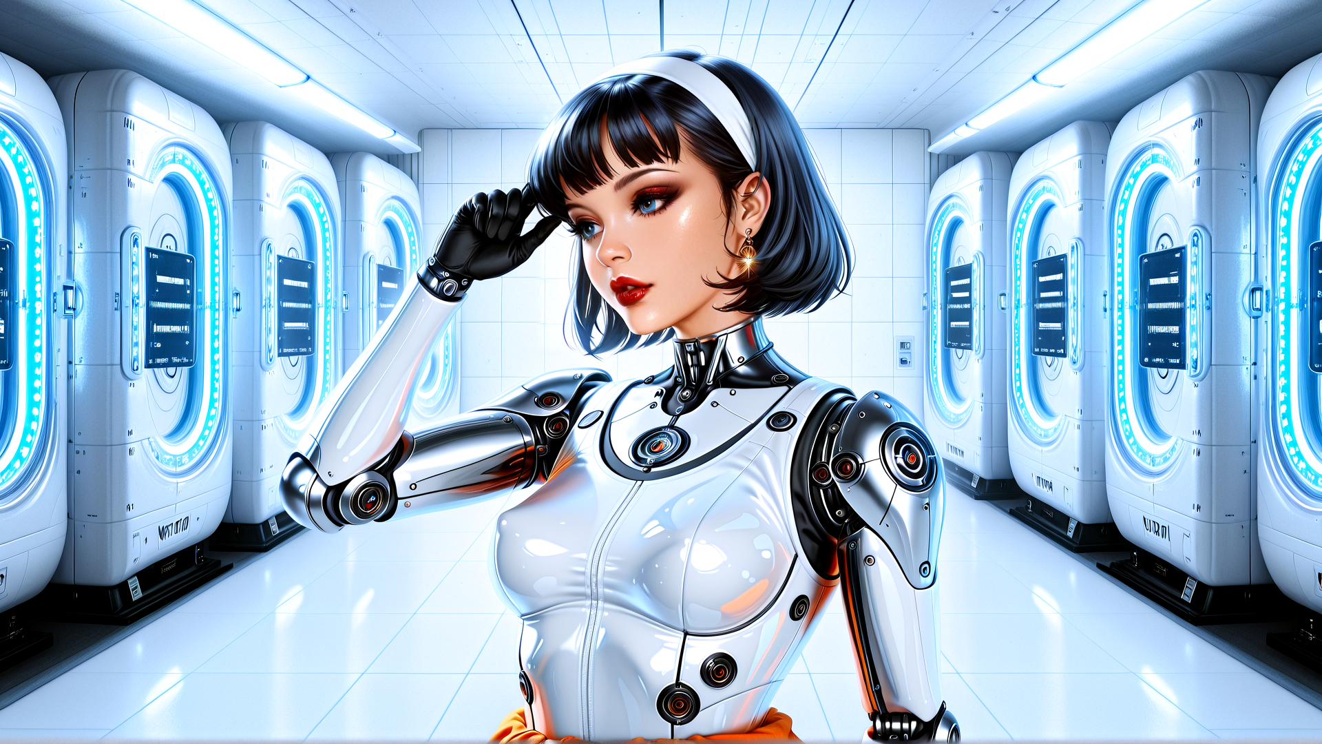 AI generated wallpaper featuring robot, woman, cybernetic, gloves, headband, corridors, machines, tech, sleek, futuristic