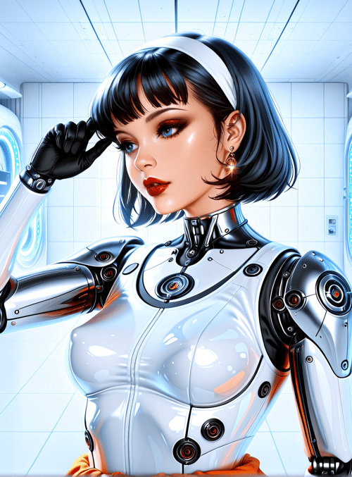 robot, woman, cybernetic, gloves, headband, corridors, machines, tech, sleek, futuristic