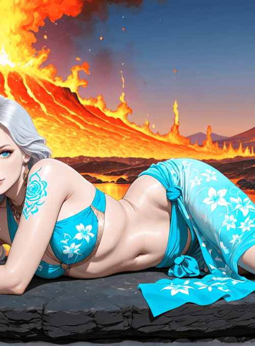 woman, volcano, lava, rock