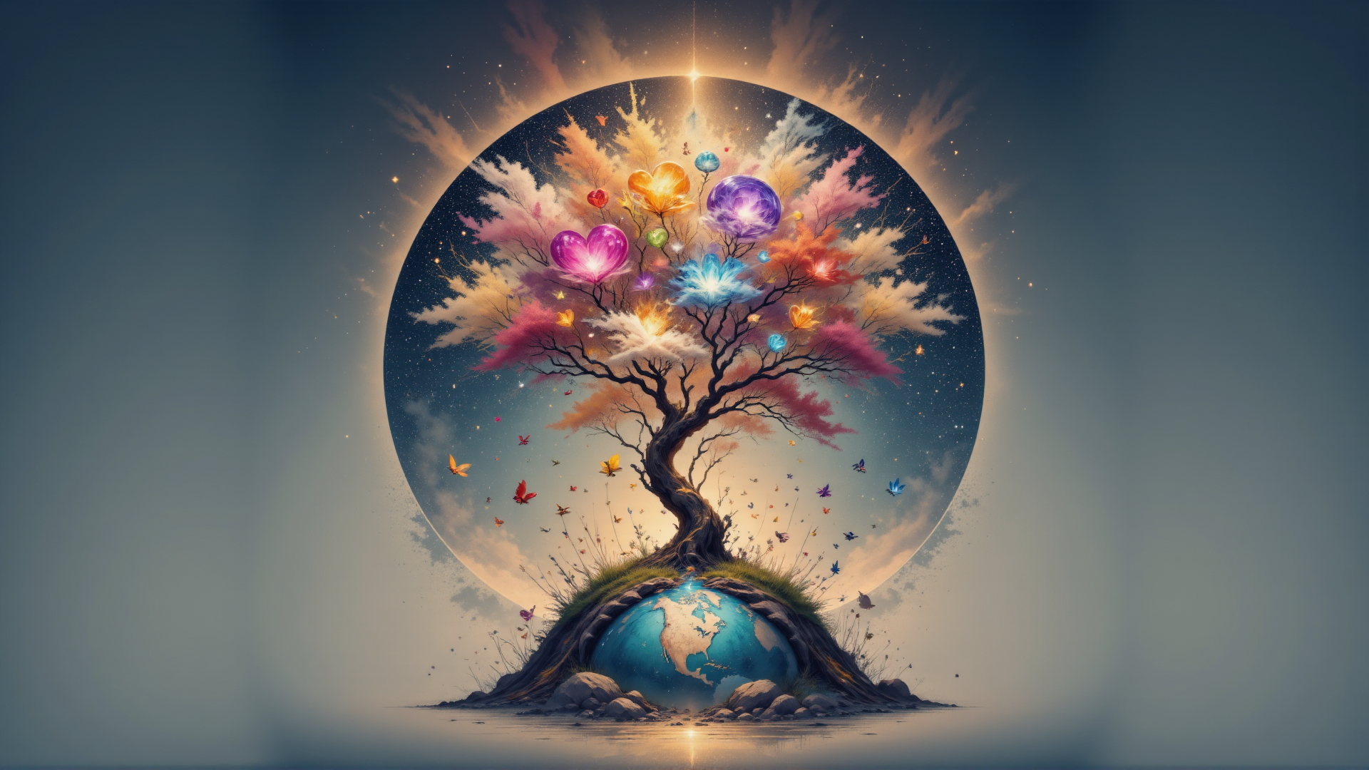 AI generated wallpaper featuring tree, balloons, butterflies, earth, sky