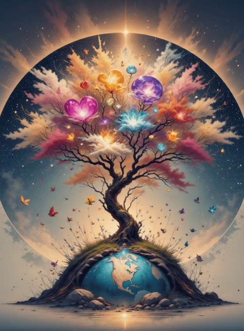 tree, balloons, butterflies, earth, sky