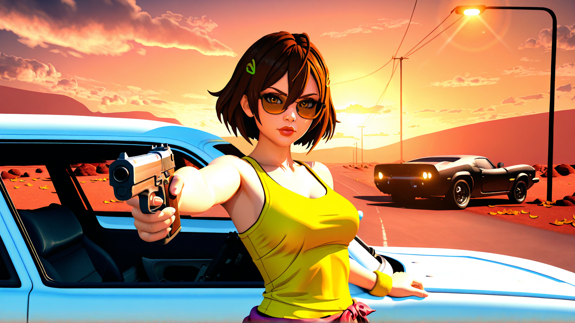 AI generated wallpaper featuring woman, gun, car, sunset, road, desert, glasses, shirt, haze, car