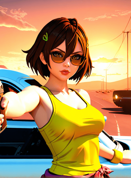 woman, gun, car, sunset, road, desert, glasses, shirt, haze, car