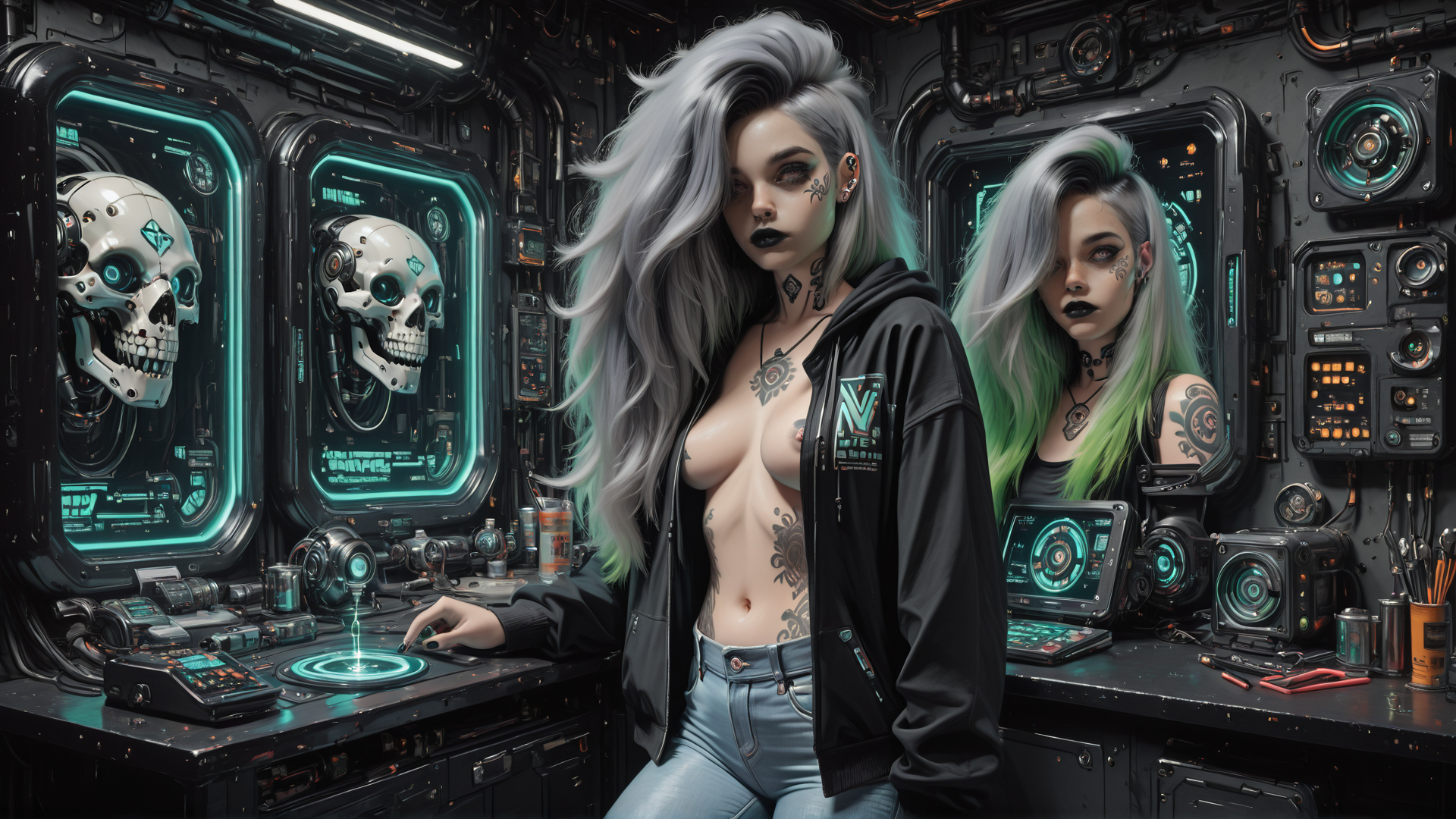 AI generated wallpaper featuring cyborg, woman, tattoo, skull, neon, gears, screen