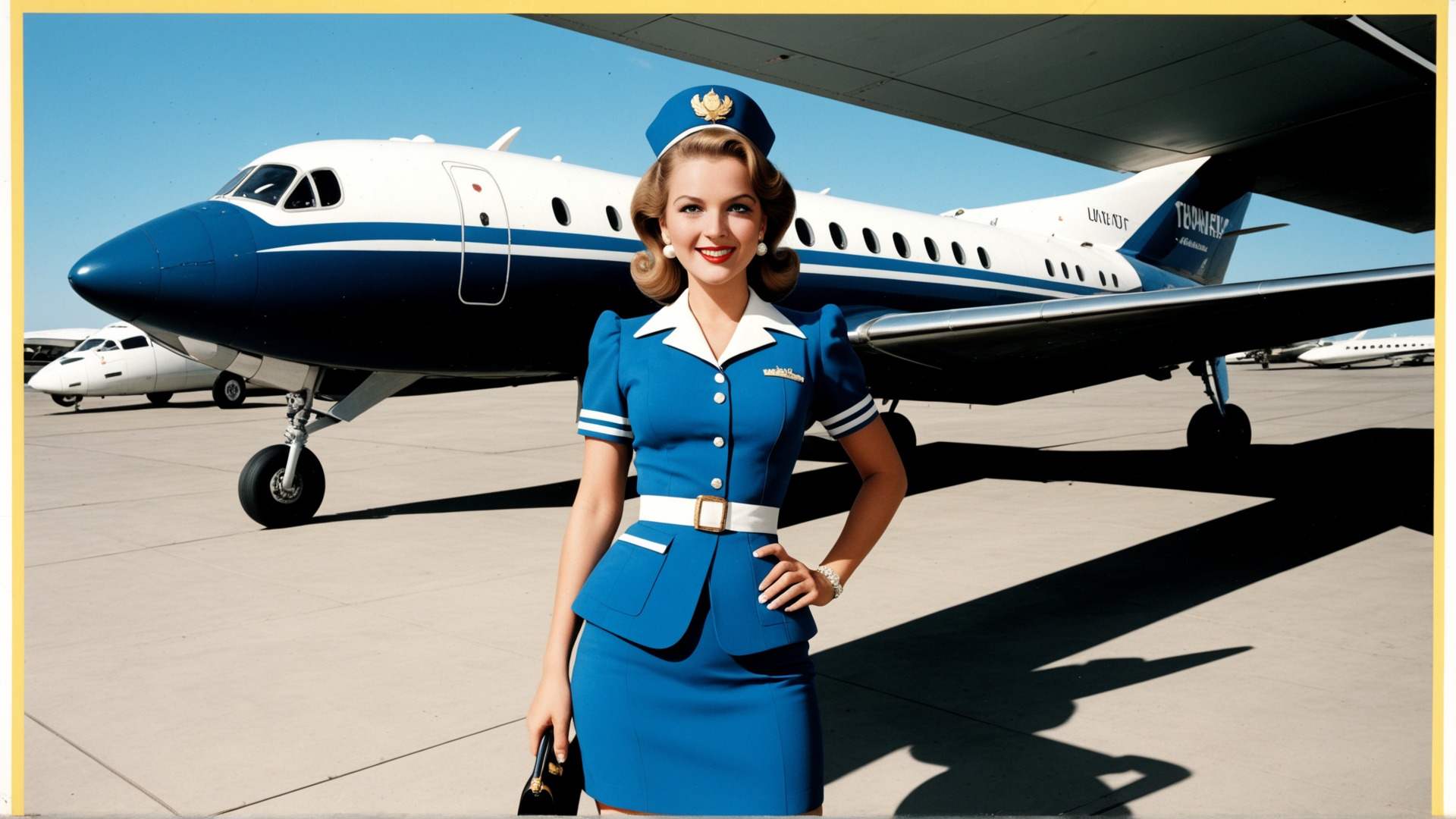 AI generated wallpaper featuring flight attendant, airplane, airport, uniform
