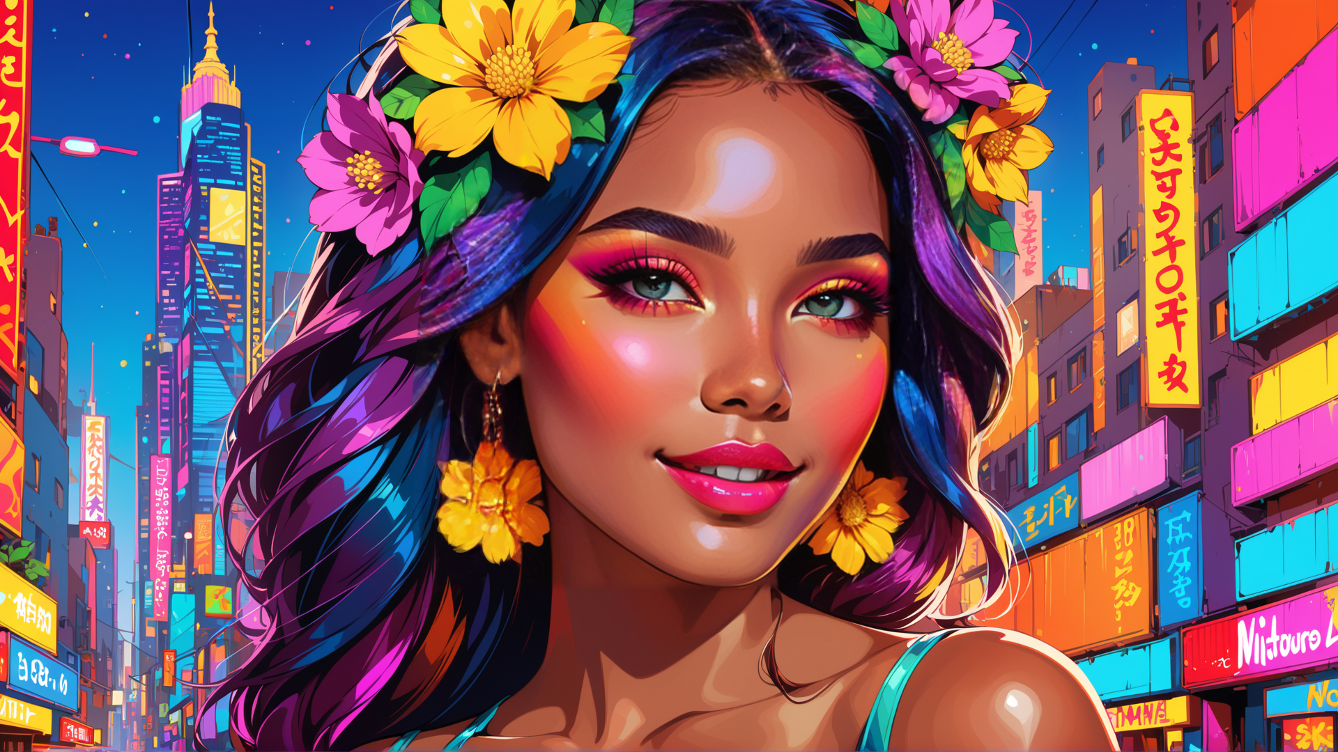 AI generated wallpaper featuring woman, city, flowers