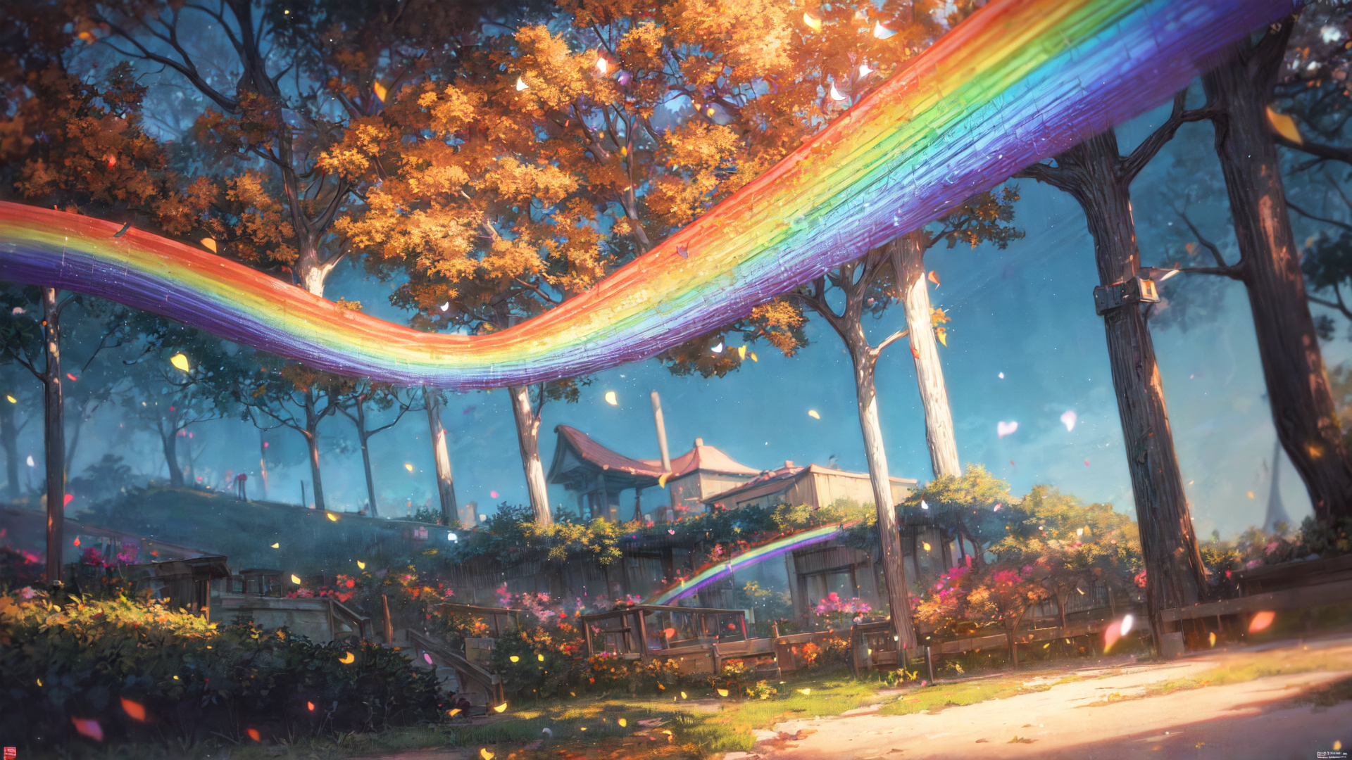 AI generated wallpaper featuring rainbow, trees, houses