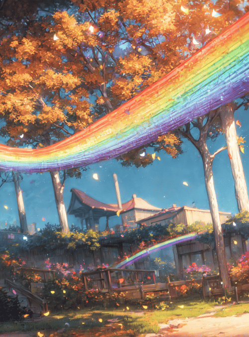rainbow, trees, houses