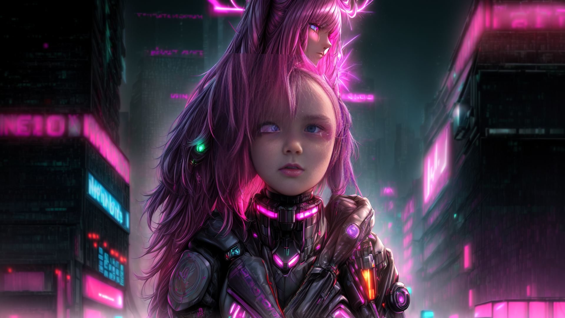 AI generated wallpaper featuring cyborg, girl, neon