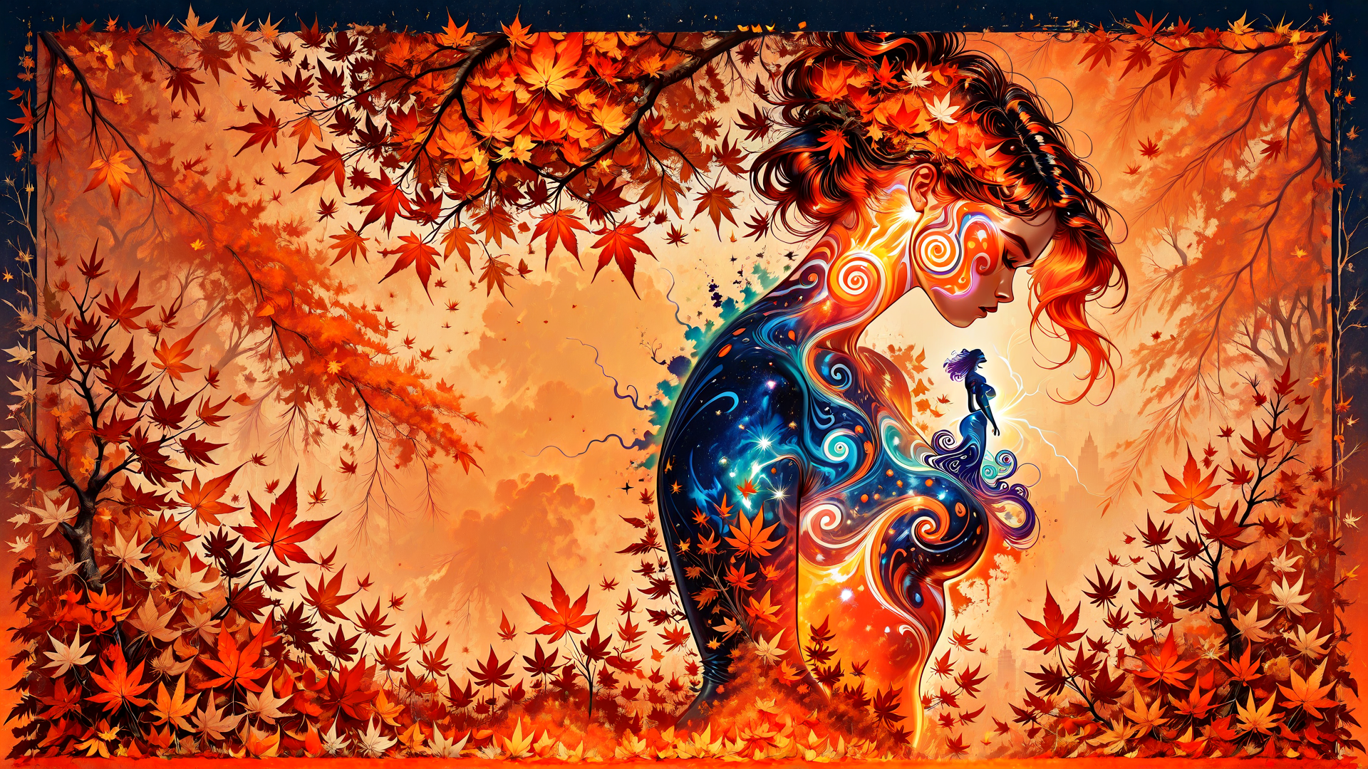 AI generated wallpaper featuring woman, autumn leaves, tree, abstract figure, nature