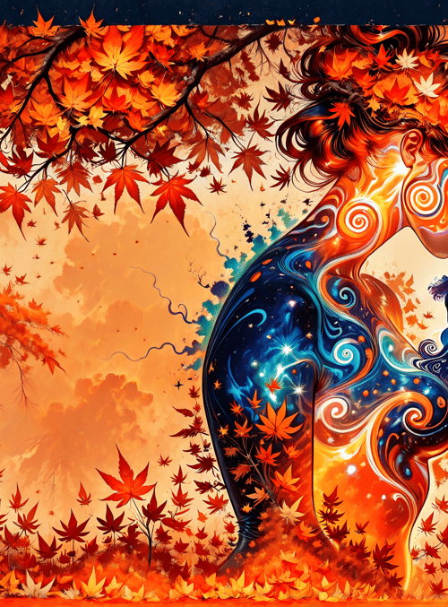 woman, autumn leaves, tree, abstract figure, nature