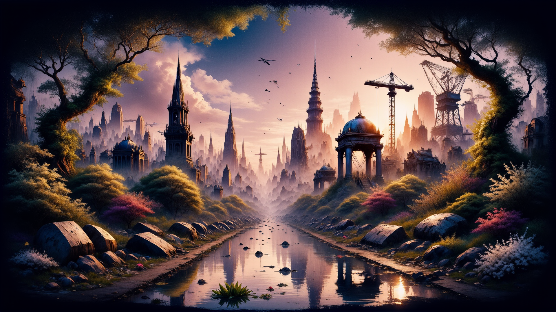 AI generated wallpaper featuring city, river, trees, buildings, cranes