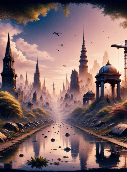 city, river, trees, buildings, cranes