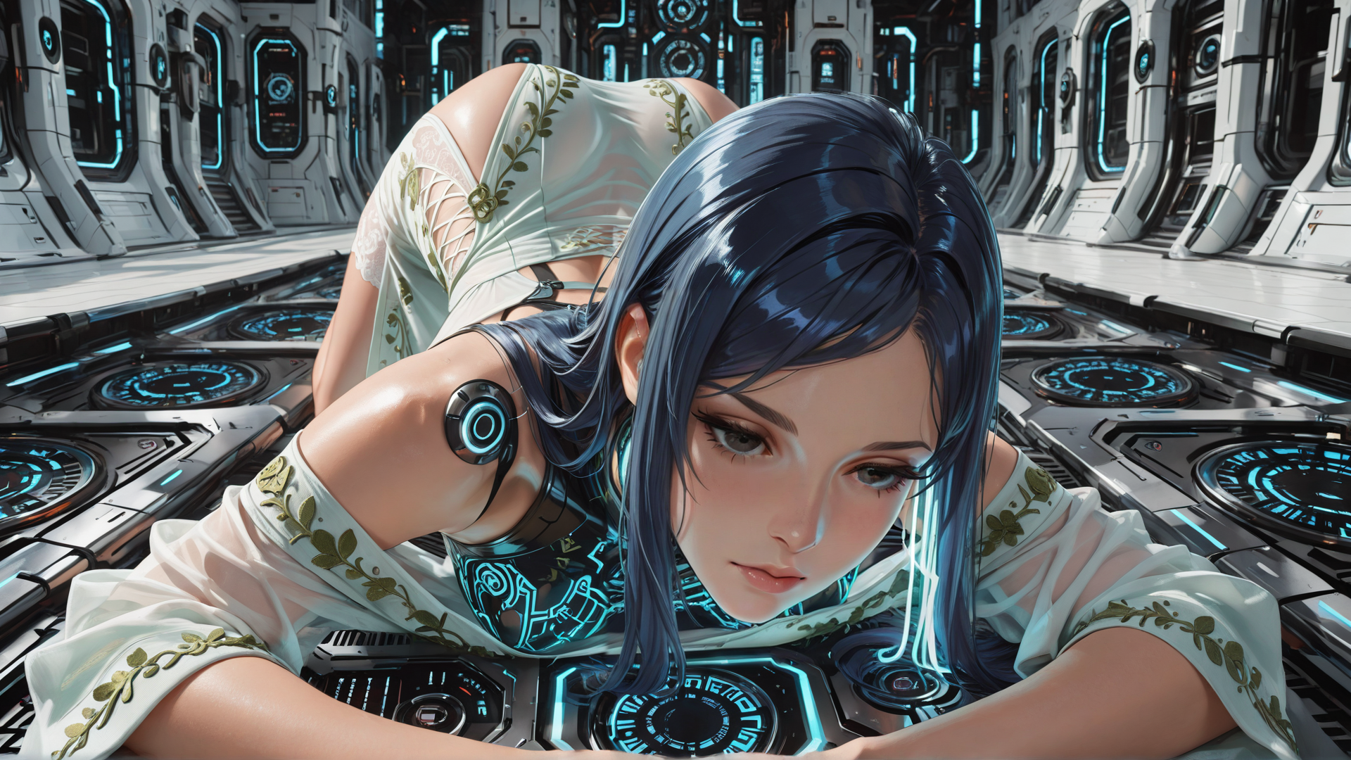 AI generated wallpaper featuring woman, cyberpunk, futuristic, dress, glasses, technology, neon, gloves, robot, sensors