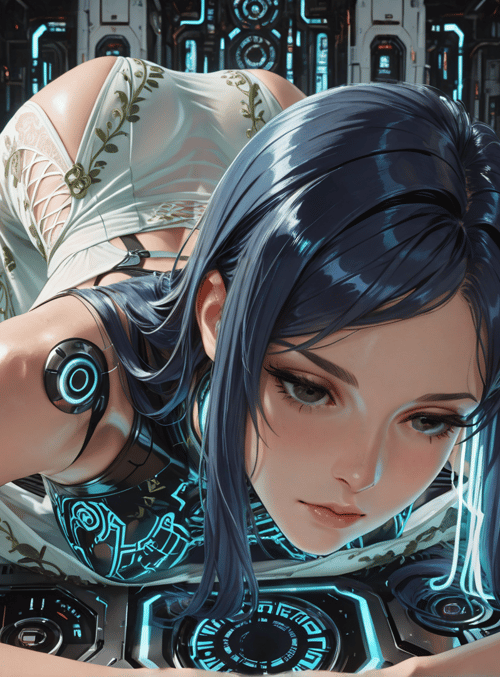 woman, cyberpunk, futuristic, dress, glasses, technology, neon, gloves, robot, sensors