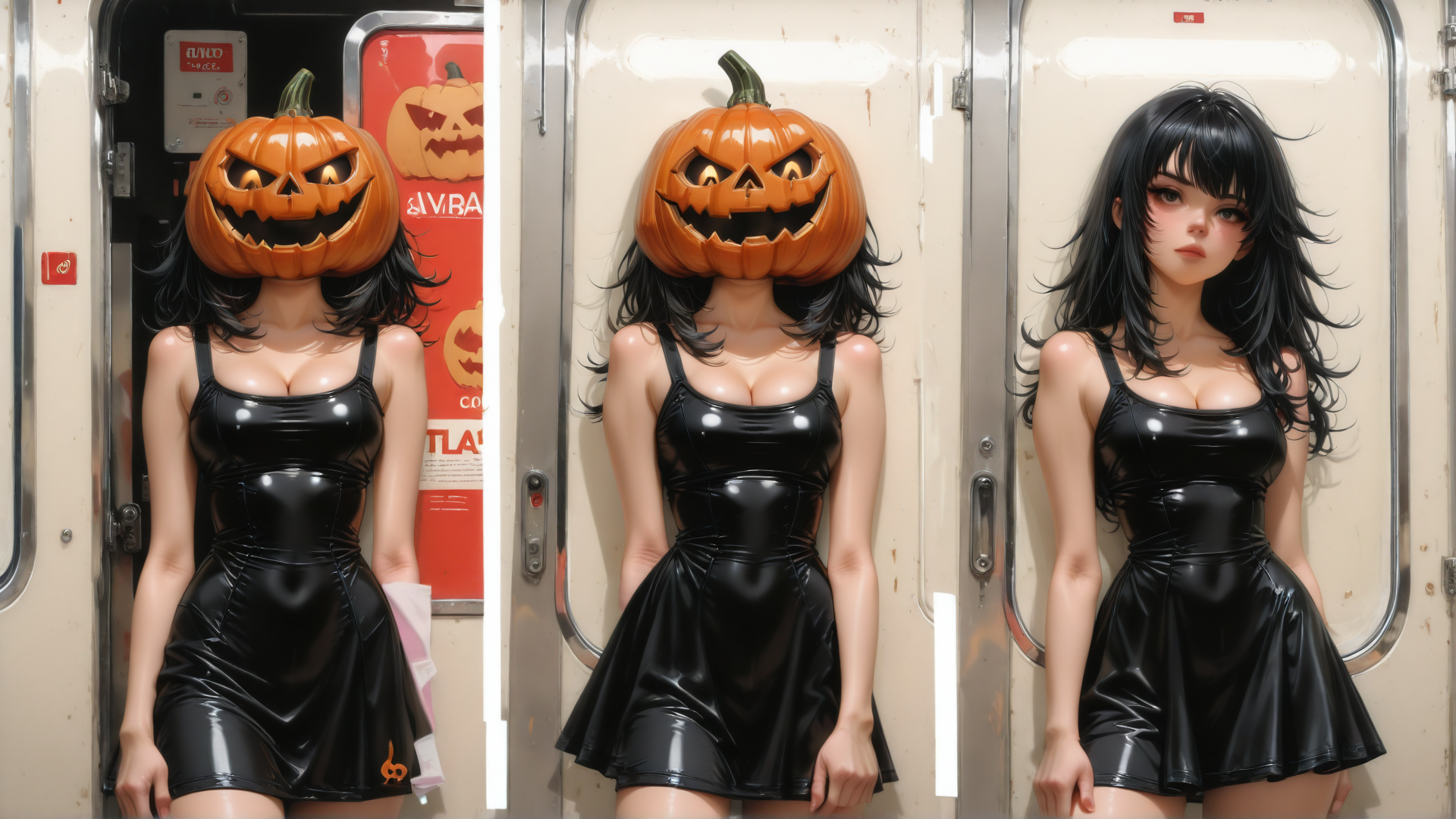 AI generated wallpaper featuring pumpkin, woman, dress, train, head, hair, advertisement, poster, doors, halloween