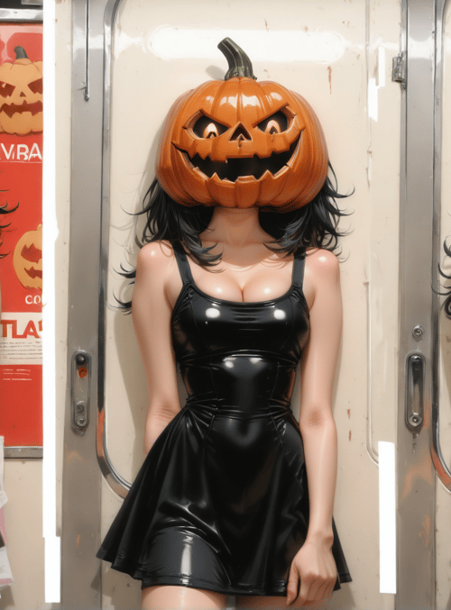 pumpkin, woman, dress, train, head, hair, advertisement, poster, doors, halloween