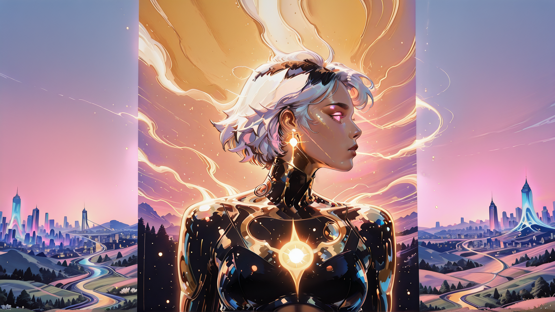 AI generated wallpaper featuring robot, woman, cityscape, aurora, glow, earring, sunset, mountains, river, sky
