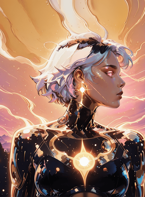 robot, woman, cityscape, aurora, glow, earring, sunset, mountains, river, sky