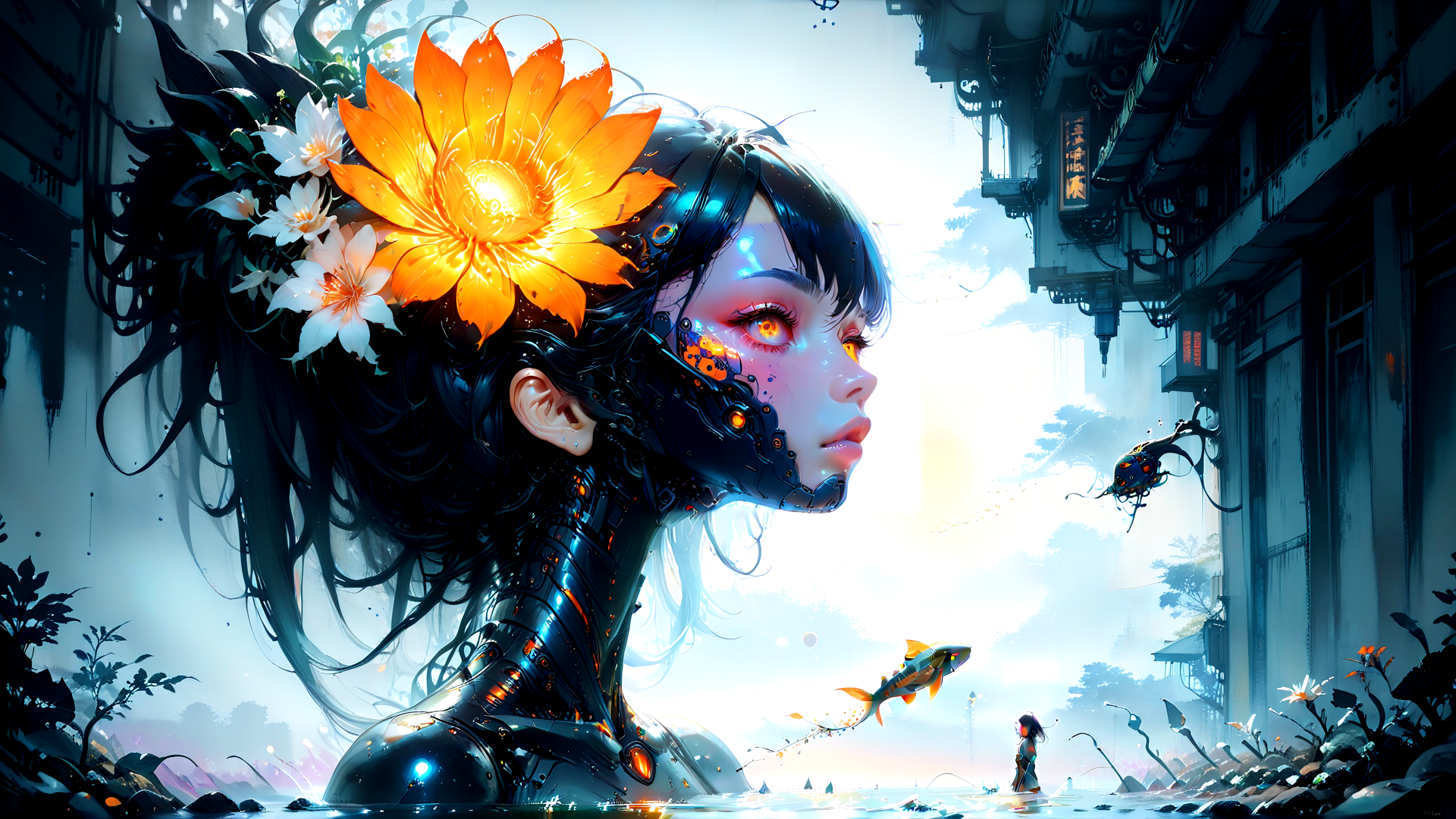 AI generated wallpaper featuring cyborg, flower, city, fish, girl, mechanism, water, building, sun, plant