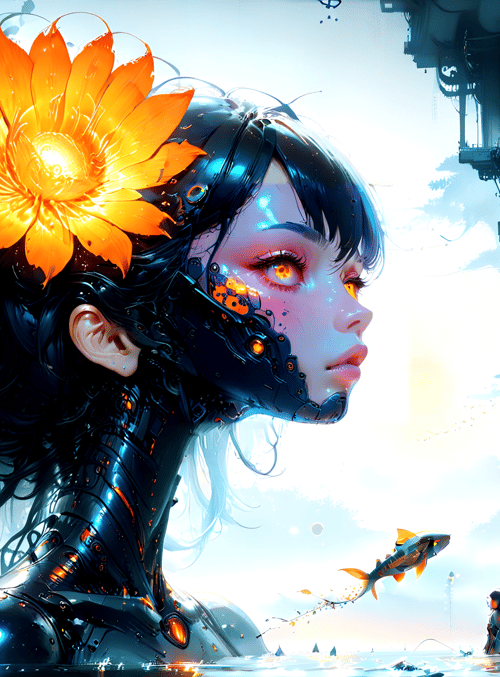 cyborg, flower, city, fish, girl, mechanism, water, building, sun, plant