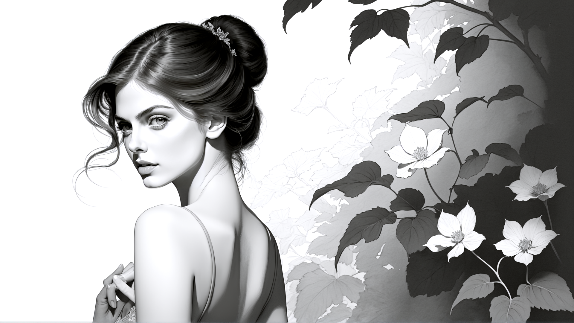 AI generated wallpaper featuring woman, flowers, leaves, hair