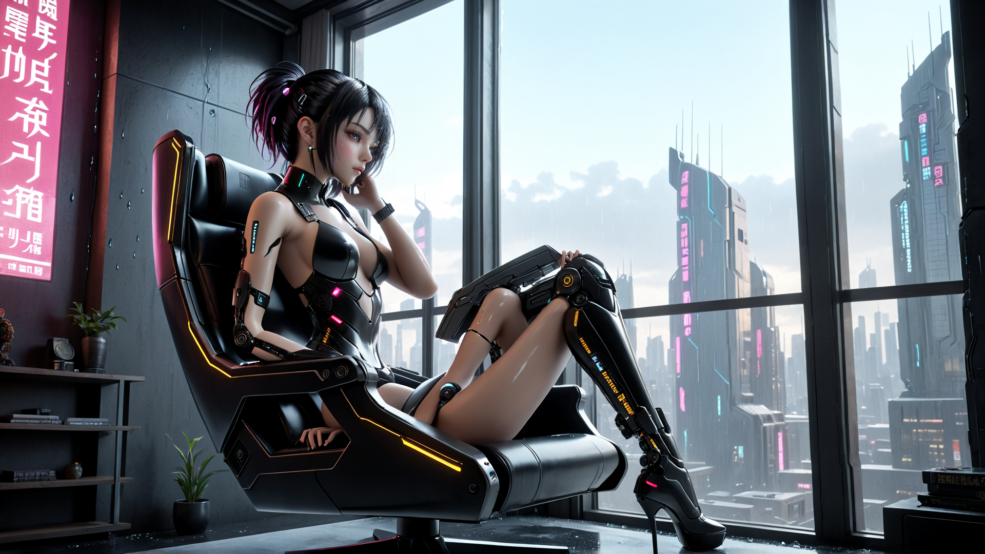 AI generated wallpaper featuring cyborg, woman, chair