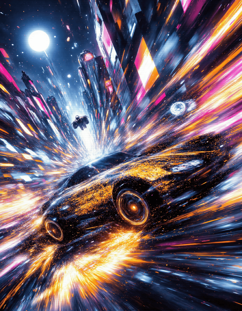 AI generated wallpaper featuring car, city, spaceship