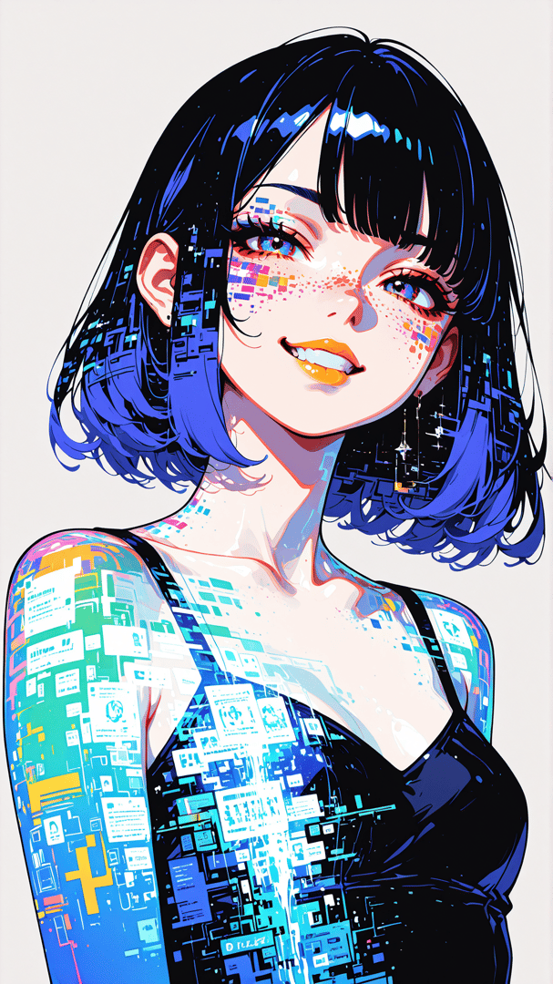 AI generated wallpaper featuring woman, cyberpunk, digital, glow, hologram, neon, pixel, graphic, art, anime