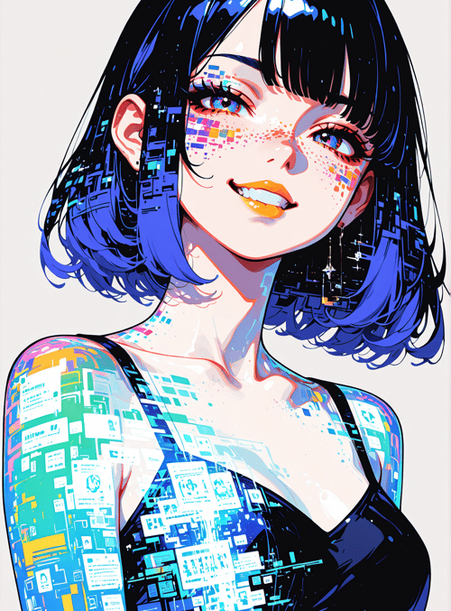 woman, cyberpunk, digital, glow, hologram, neon, pixel, graphic, art, anime