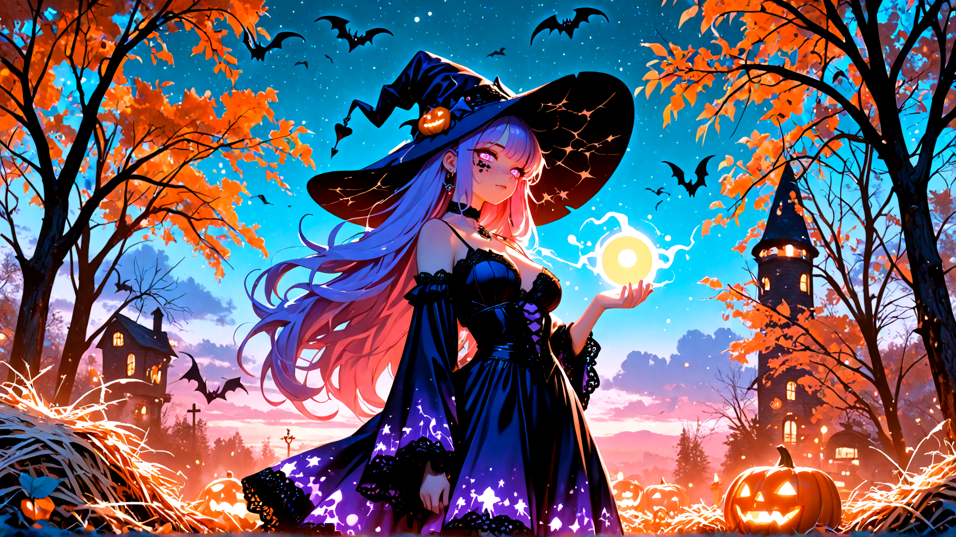 AI generated wallpaper featuring witch, pumpkin, tree, castle, bat, moon, star, leaf, candle, haunted house