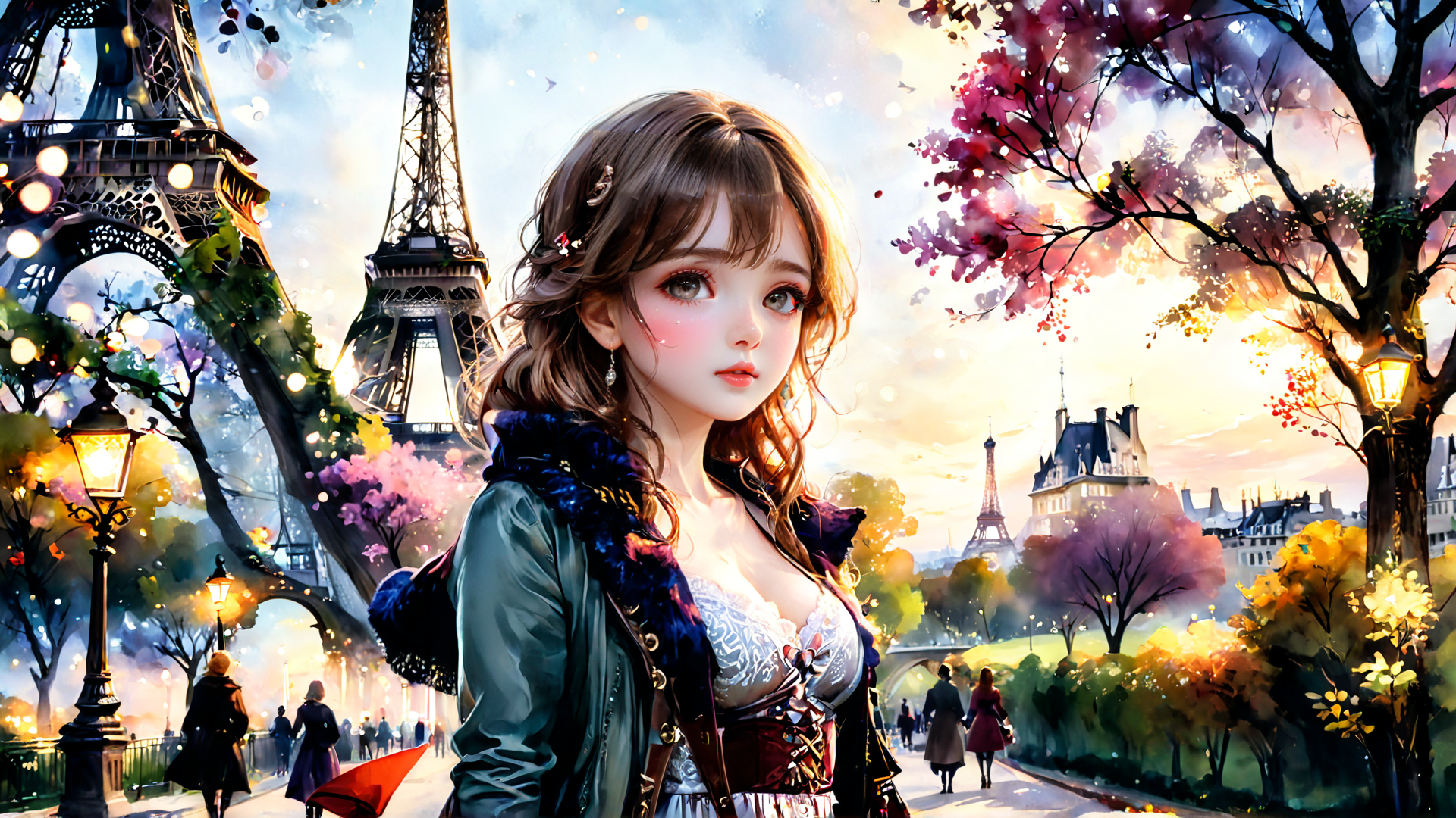 AI generated wallpaper featuring girl, eiffel tower, trees