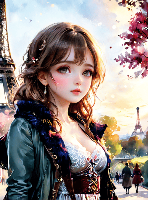 girl, eiffel tower, trees