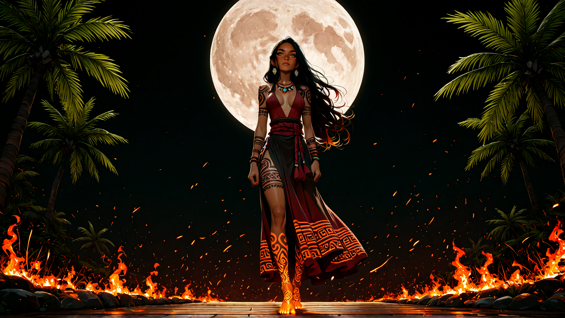 AI generated wallpaper featuring woman, palm trees, moon, fire, tribal dress