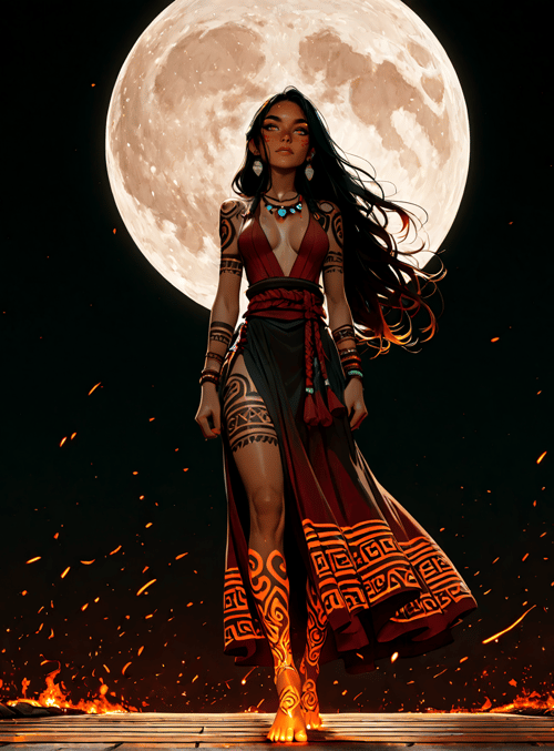 woman, palm trees, moon, fire, tribal dress